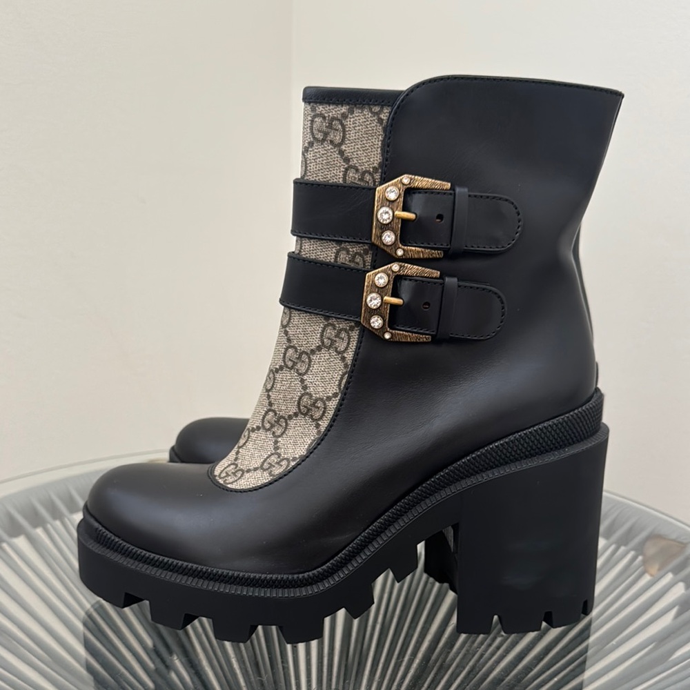 NEW AUTH Gucci Monogram Heeled Boots with Gold Buckles 37.5